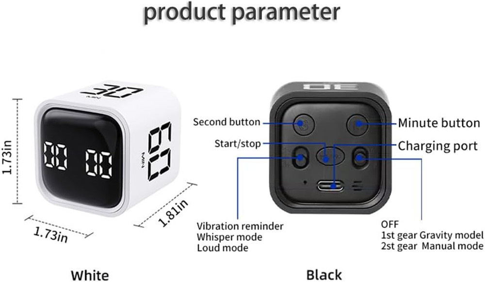 Digital Cube Pomodoro Timer Desk Rechargeable Productivity Timer 5/10/30/60Min &