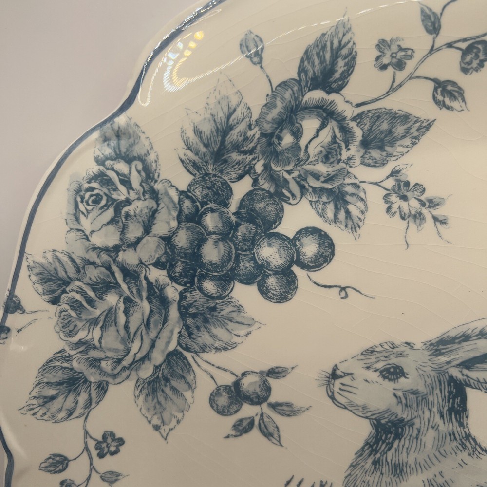 Maxcera Blue White Toile Bunny Rabbit Round Serving Platter Easter Large 13"