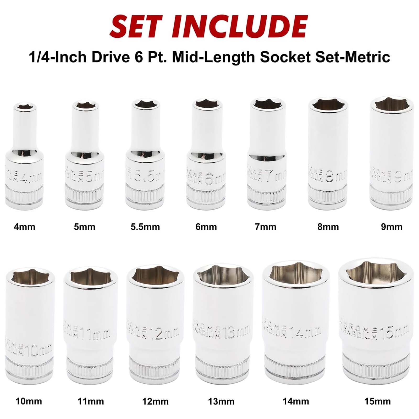 13PCS 1/4"Drive Mid-Length Socket Set, 6-Point Mirror Chrome Metric 4mm to 15mm