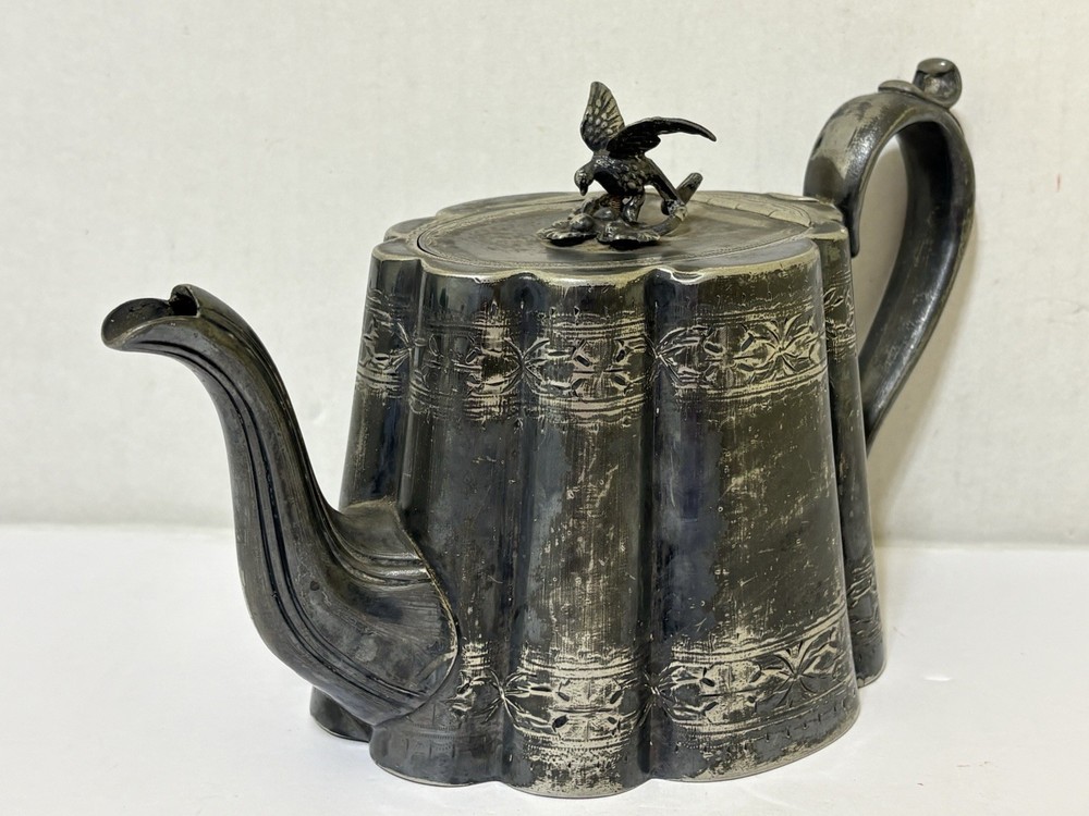 Antique 1800s R. SPILLER Teapot with EAGLE - ISLINGTON - Pewter / Silver Plate