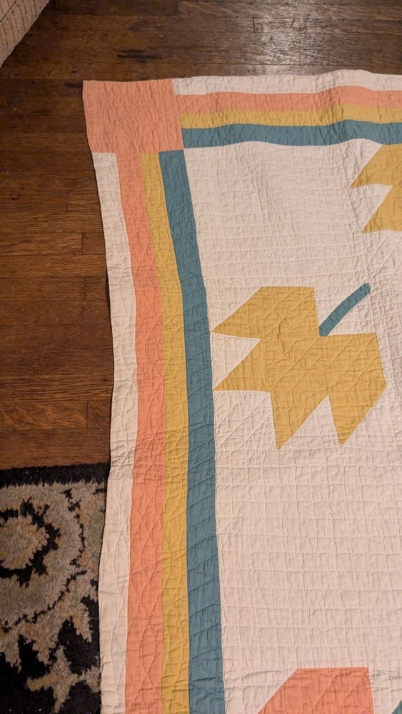 Antique Old Hand Stitched Multicolor Textile Maple Leaf Quilt 72"