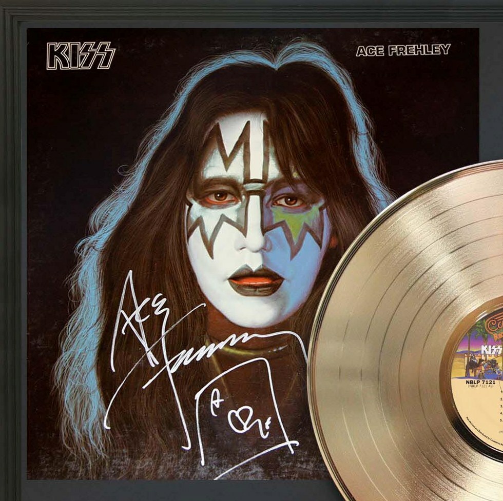 KISS Ace Frehley Framed Black wood Reproduction Signature Gold LP Display
