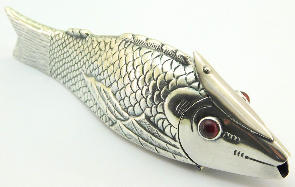 Antique Solid Silver Fish Shaped Spice Box.