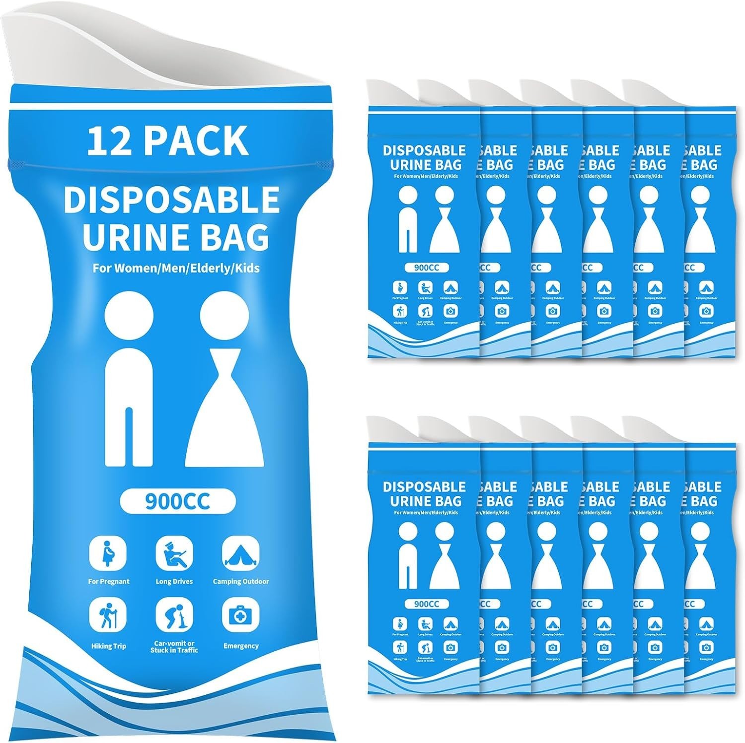 900ML Disposable Pee Bags 12PCS | Travel Urinal for Men Women Kids Camping