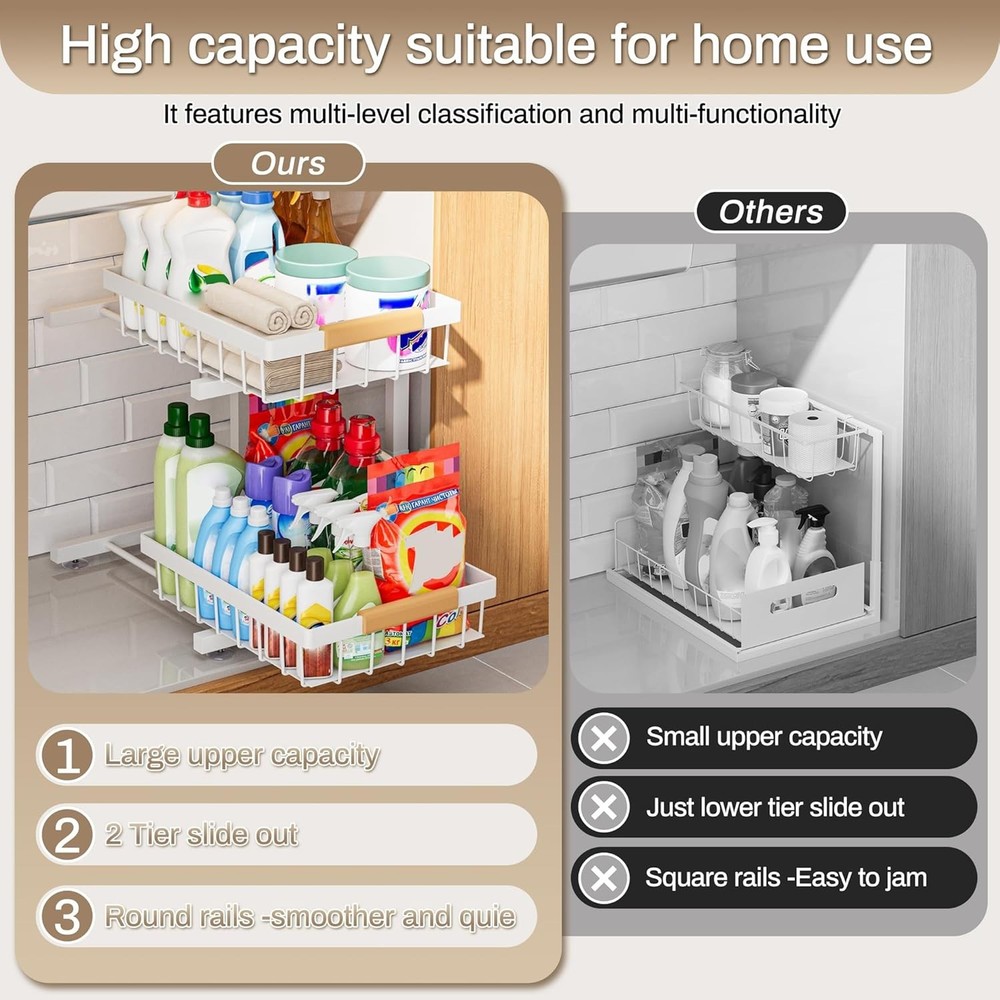 Space-Saving Under Sink Organizer with Adjustable Drawers for Kitchen & Bathroom