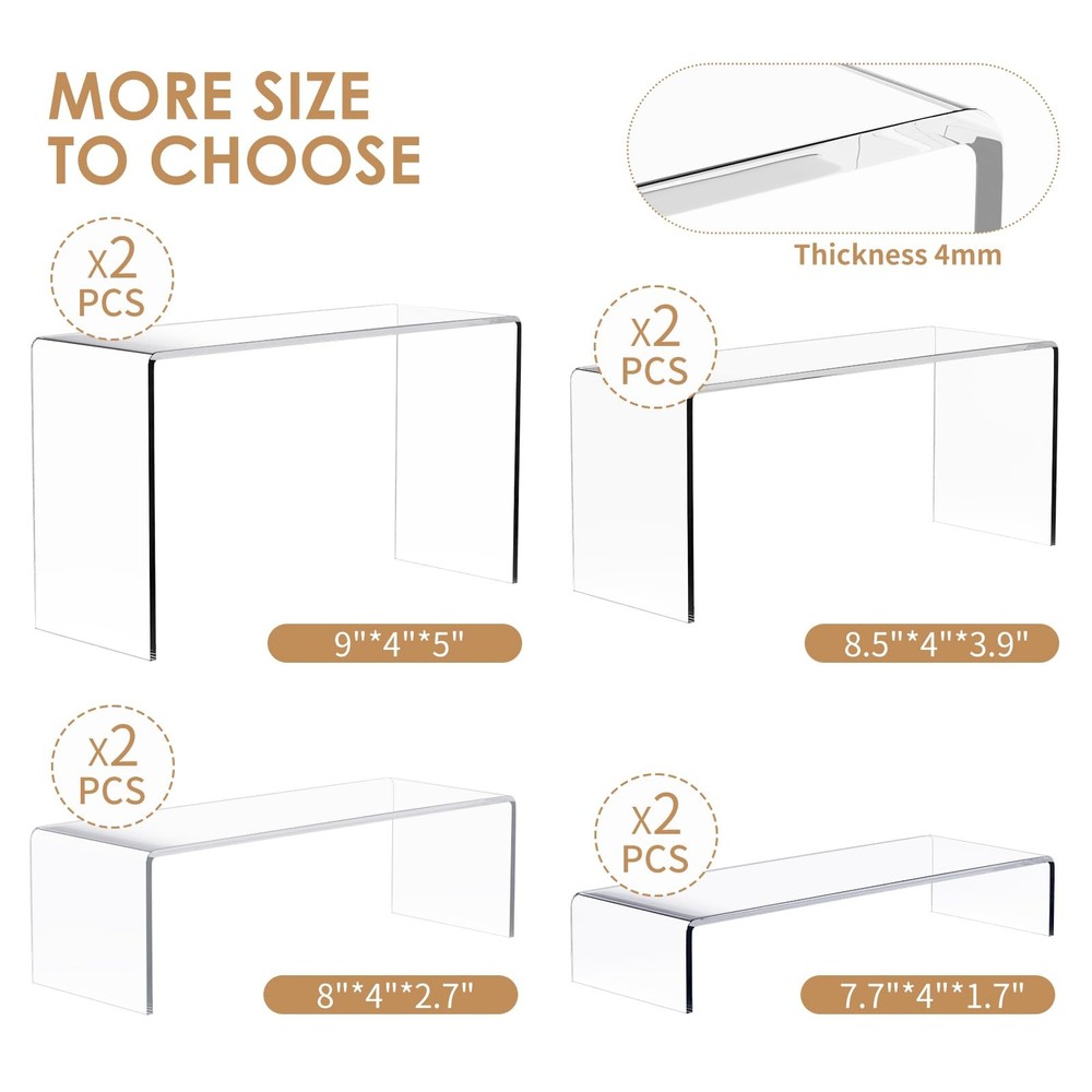 8 Pieces Large Display Risers, 4" Wide Clear Rectangular Tabletop Shelf for S...