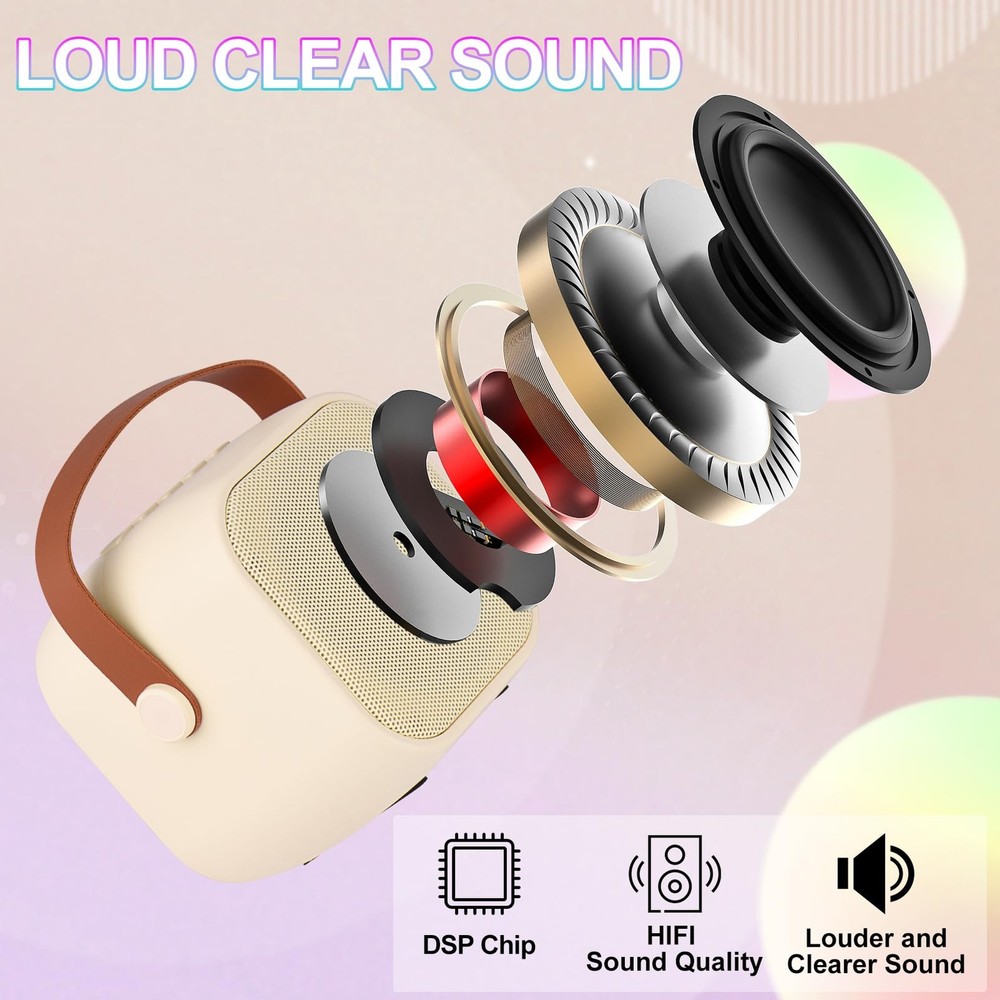 Beige Mini Portable Bluetooth Karaoke Speaker Machine with 2 Wireless Mics