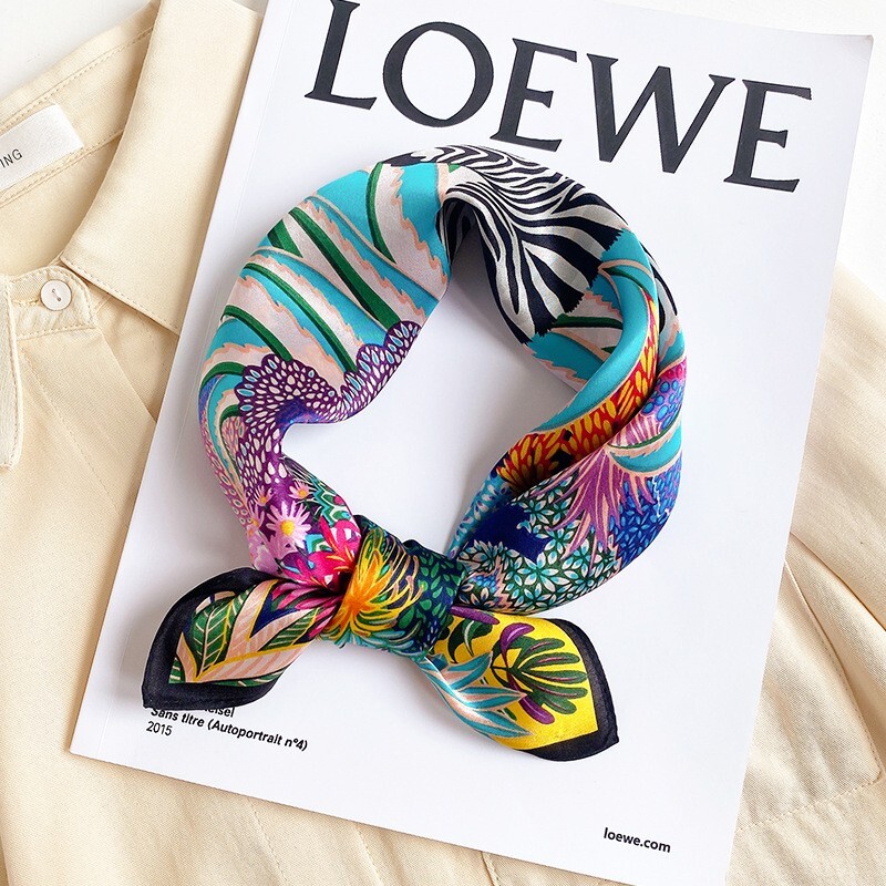 100% Mulberry Silk 20" square Scarf Women neckerchief Wrap Forest Jungle Zebra