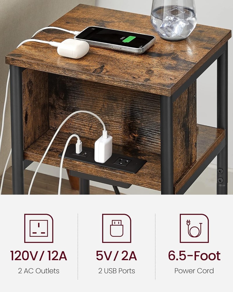 Versatile End Table with Charging Station - USB Ports - Rustic Brown and Black
