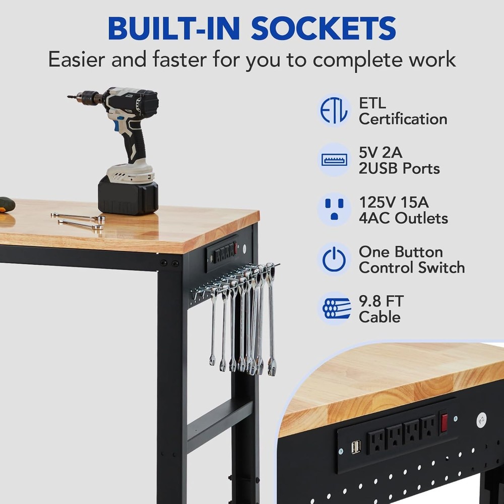 2000 lbs Capacity Adjustable Workbench 60"x20" for Home Office Workshop