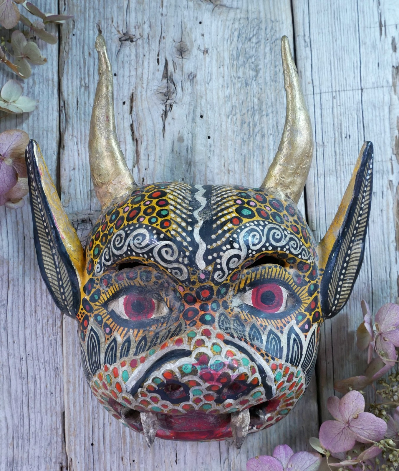 Devil Demon Wood Mask Real Goat Horns Handmade Guerrero Nahua Mexican Folk Art