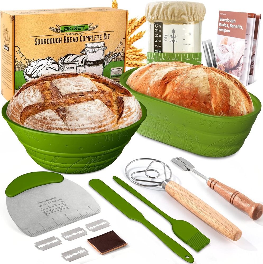 Sourdough Starter Kit 34oz with 2 Bread Proofing Baskets - Green