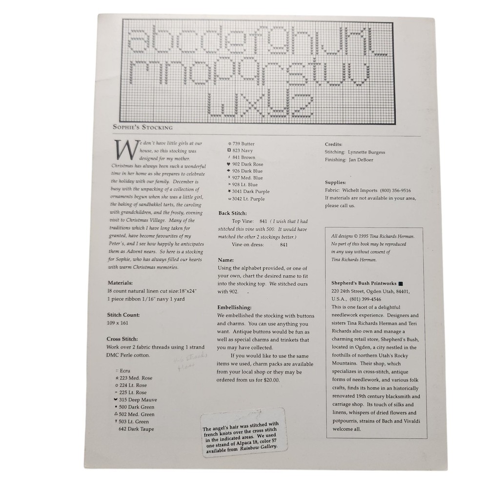 Shepherd's Bush Cross Stitch Pattern Leaflet: Sophie's Stocking