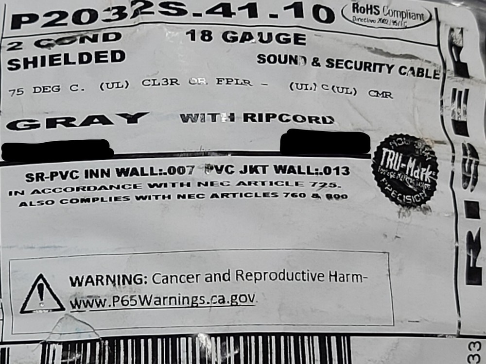 Priority Wire P2032S 18/2C Shielded Sound/Security Cable Riser Gray E2032S /50ft