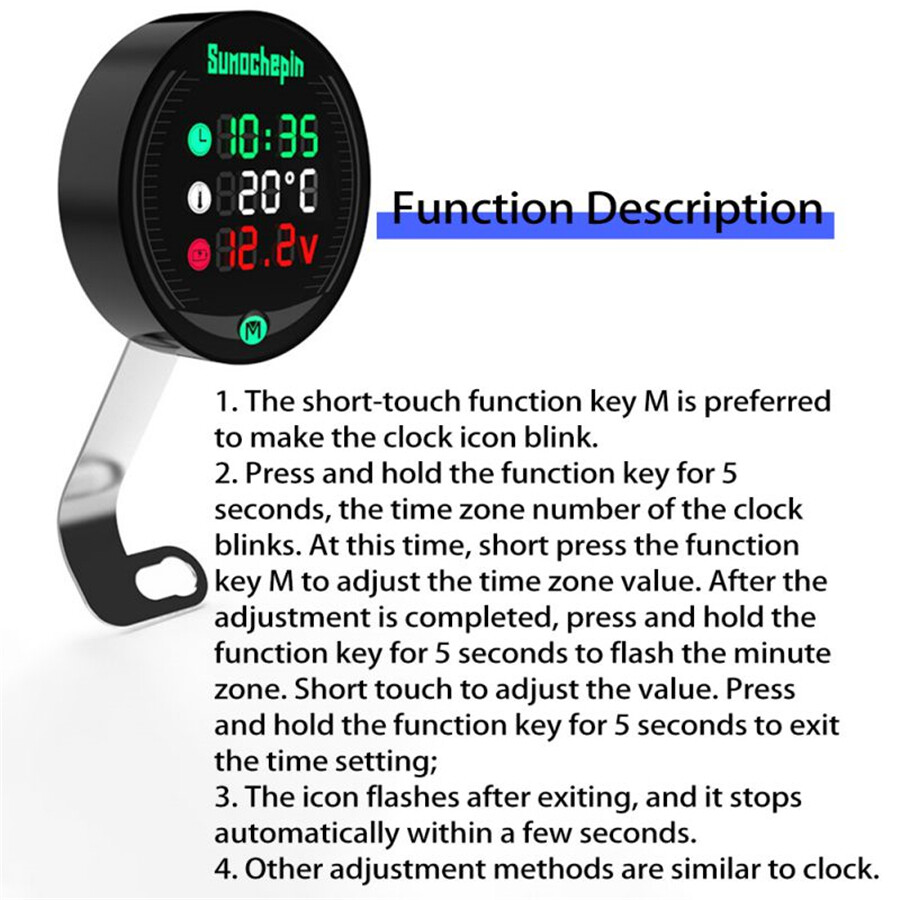 Motorcycle Gauge Digital Water Temperature Voltmeter Time Display Fast Charging