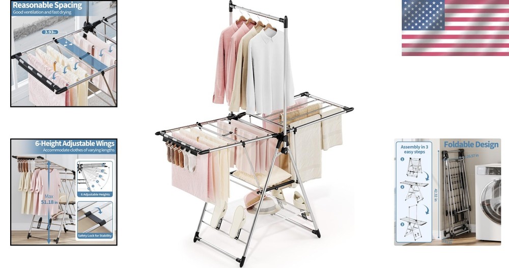 Spacious Foldable Clothes Drying Rack with Adjustable Height Silver - 3 Levels