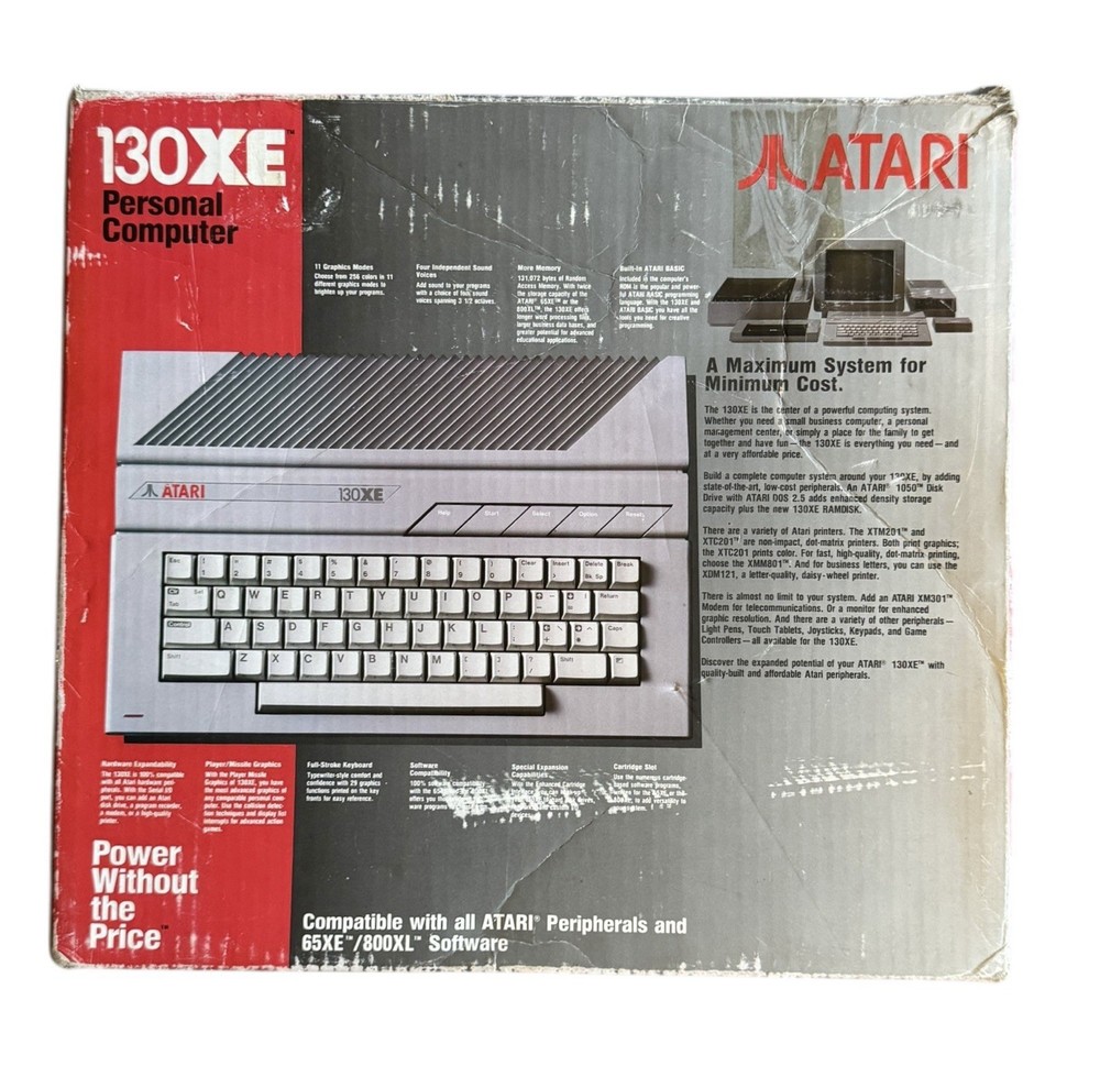 Atari 130XE Computer w/Box, Power Supply, Cables & Manual ~ Untested Powers On