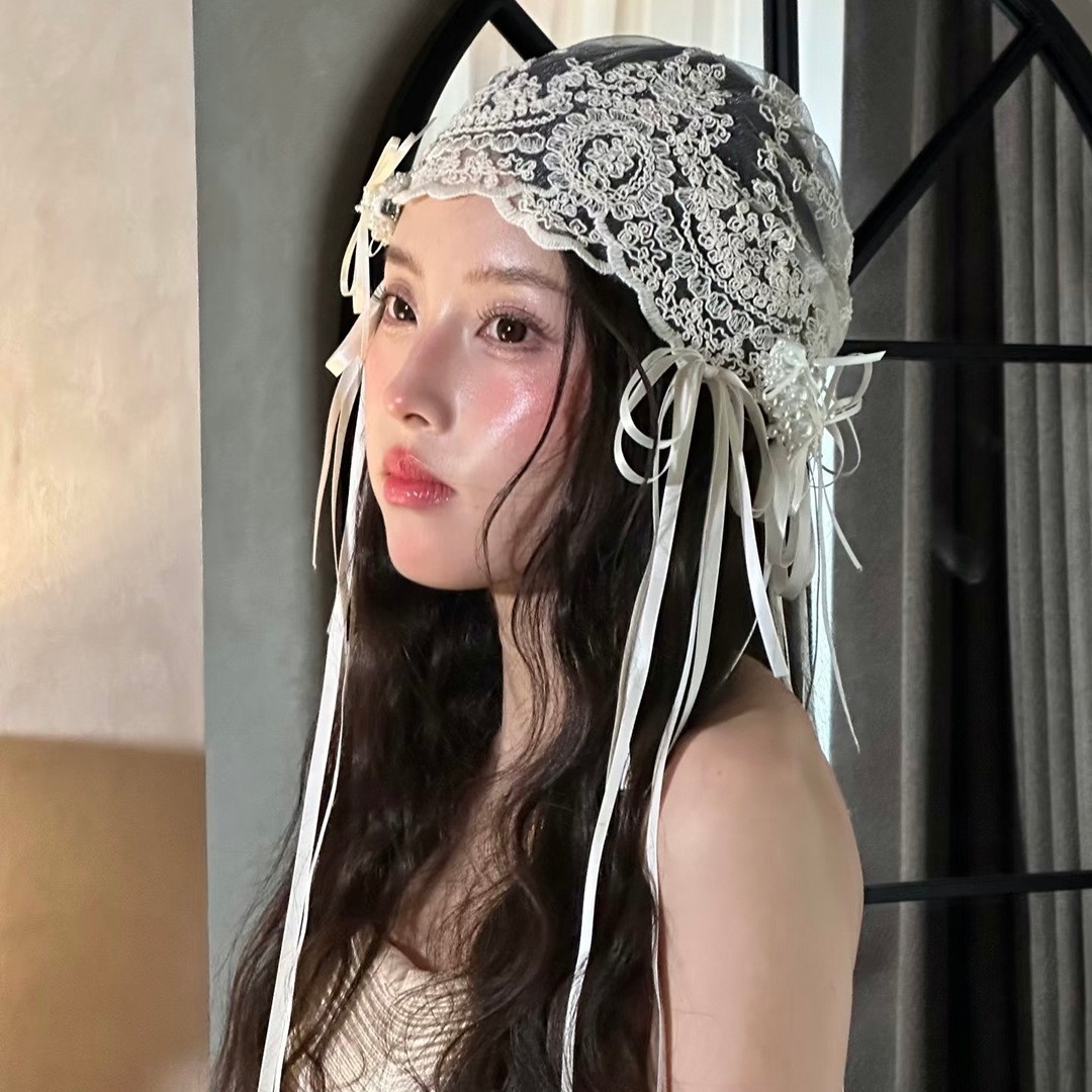 French Vintage Bridal Lace Bow Headwrap Hat Wedding Headpiece Ribbon Accessory