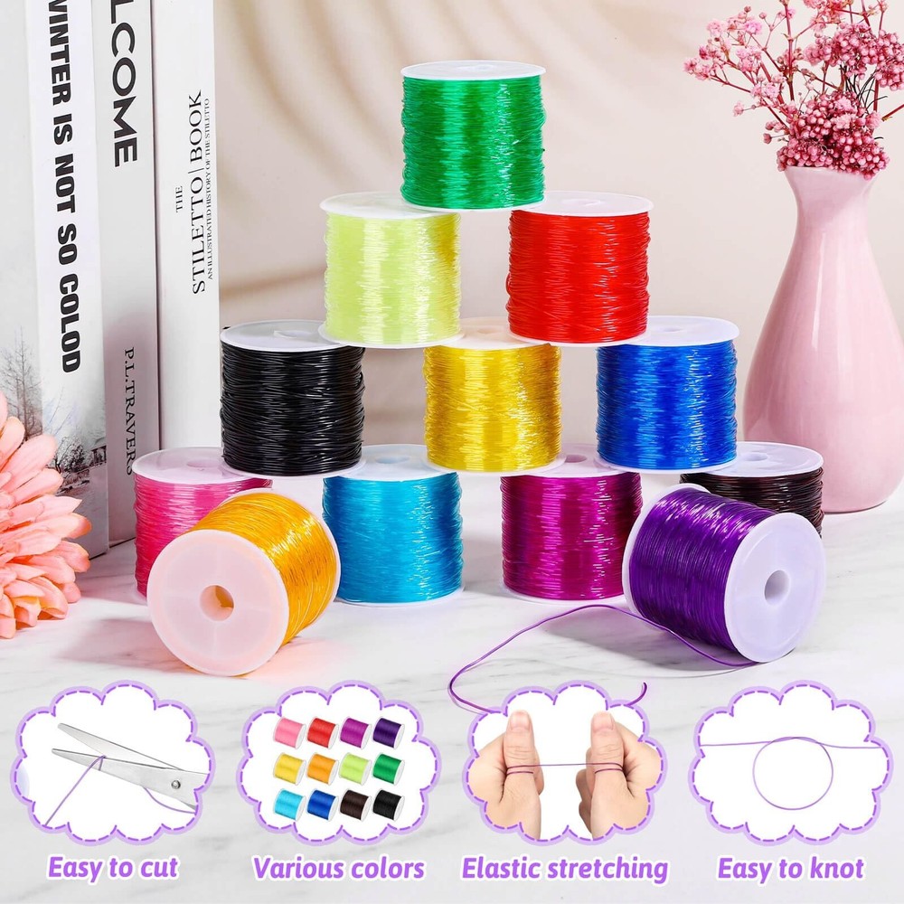 PAXCOO 12 Rolls Elastic Crystal Tec String for Bracelets, 0.8 MM Stretch Bead...