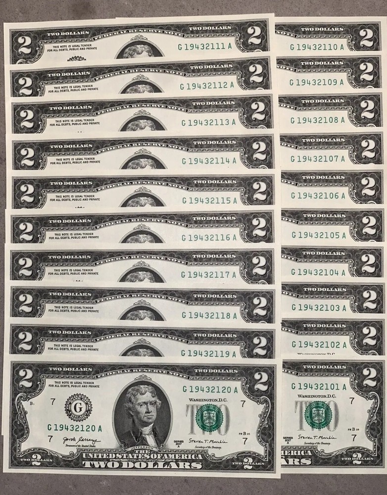 (10) NEW $2 Bills Consecutive Serial Number 2017A Two Dollar Notes from BEP Pack