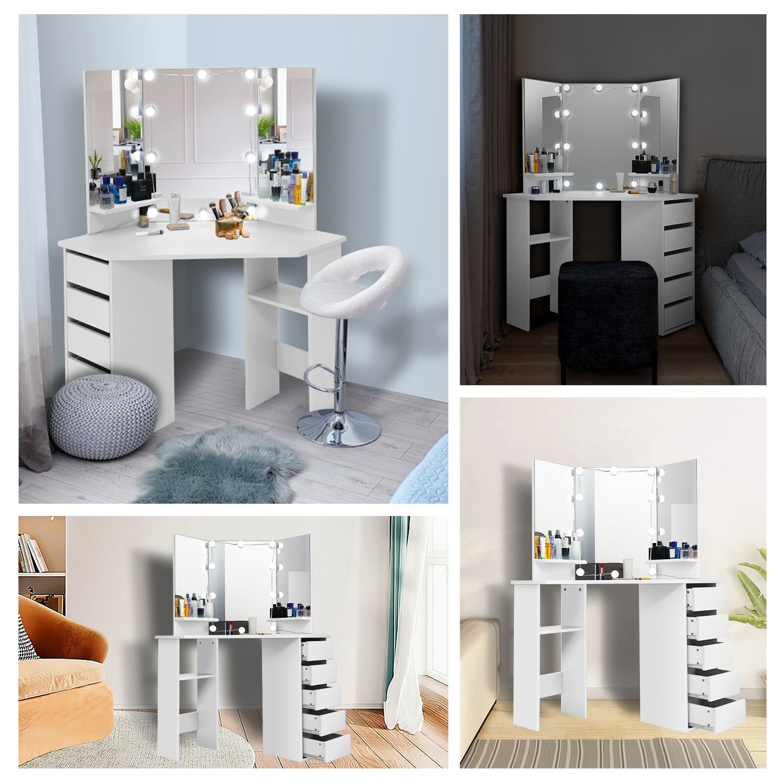Modern Design Corner Vanity,Lighted Makeup Desk,Bedroom Makeup Table with Lights