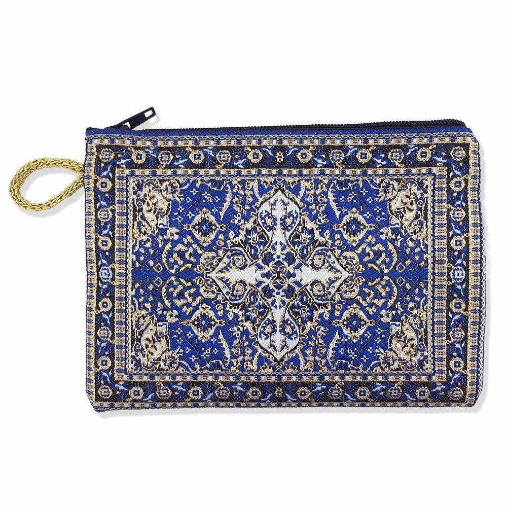 Blue Tapestry Pouch Case Purse 5 1/2 Inch Width