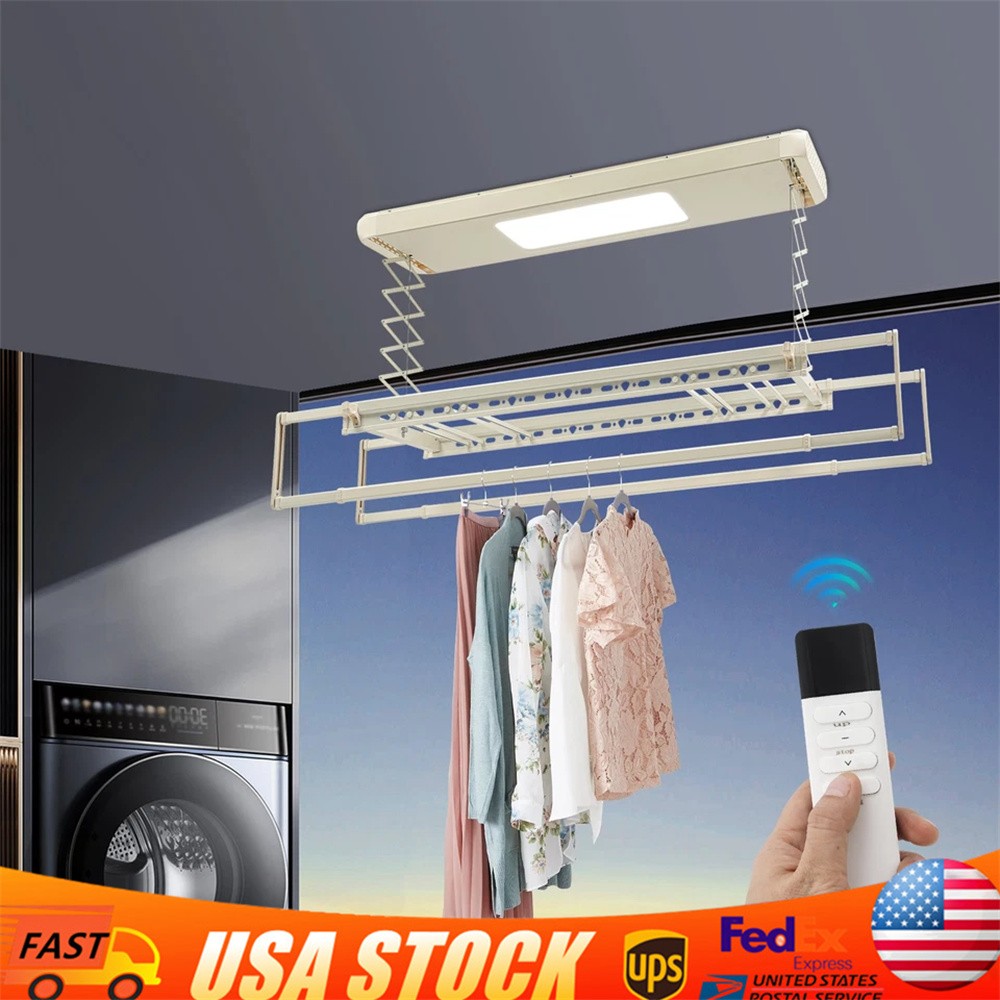 Electric Retractable Airing Rack Clothes Drying Rack W/ Remote Control & Light