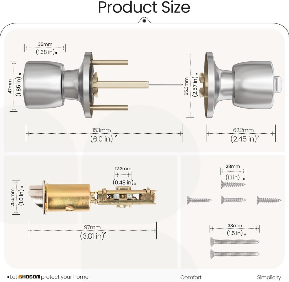 HOSOM Door Knobs with Lock and Key, Keyed Entry 2 Pack, Satin Nickel