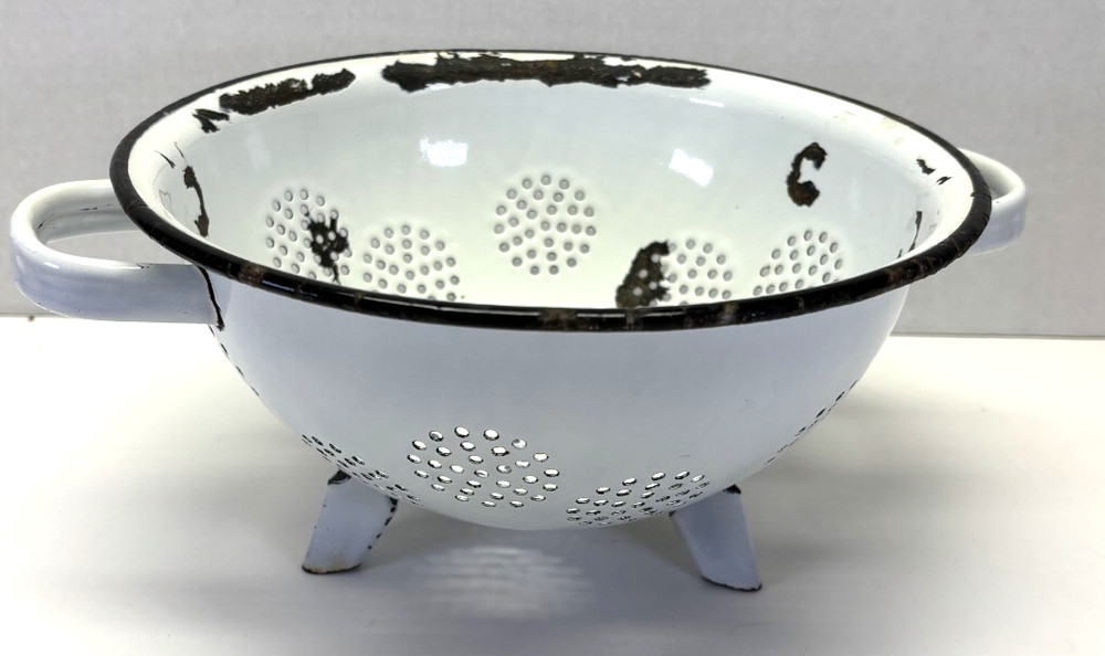 Vintage Footed White Enamelware Colander