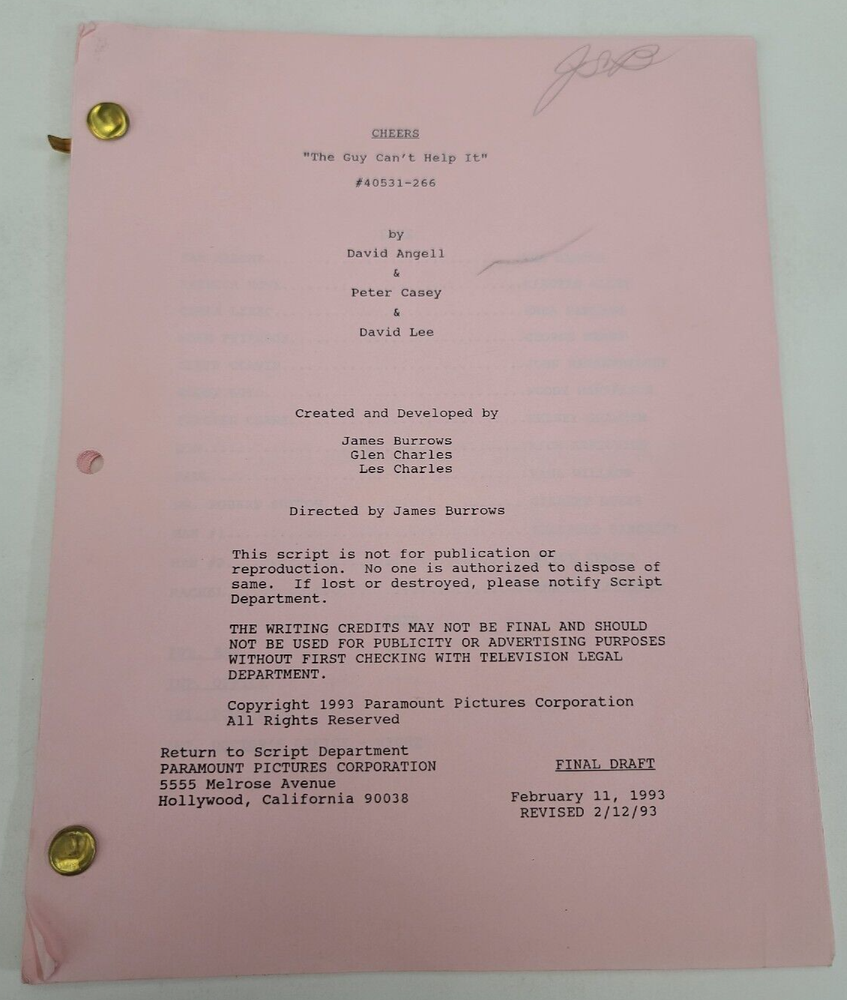 CHEERS / David Angell 1993 TV Script, Tom Berenger "The Guy Can't Help It"