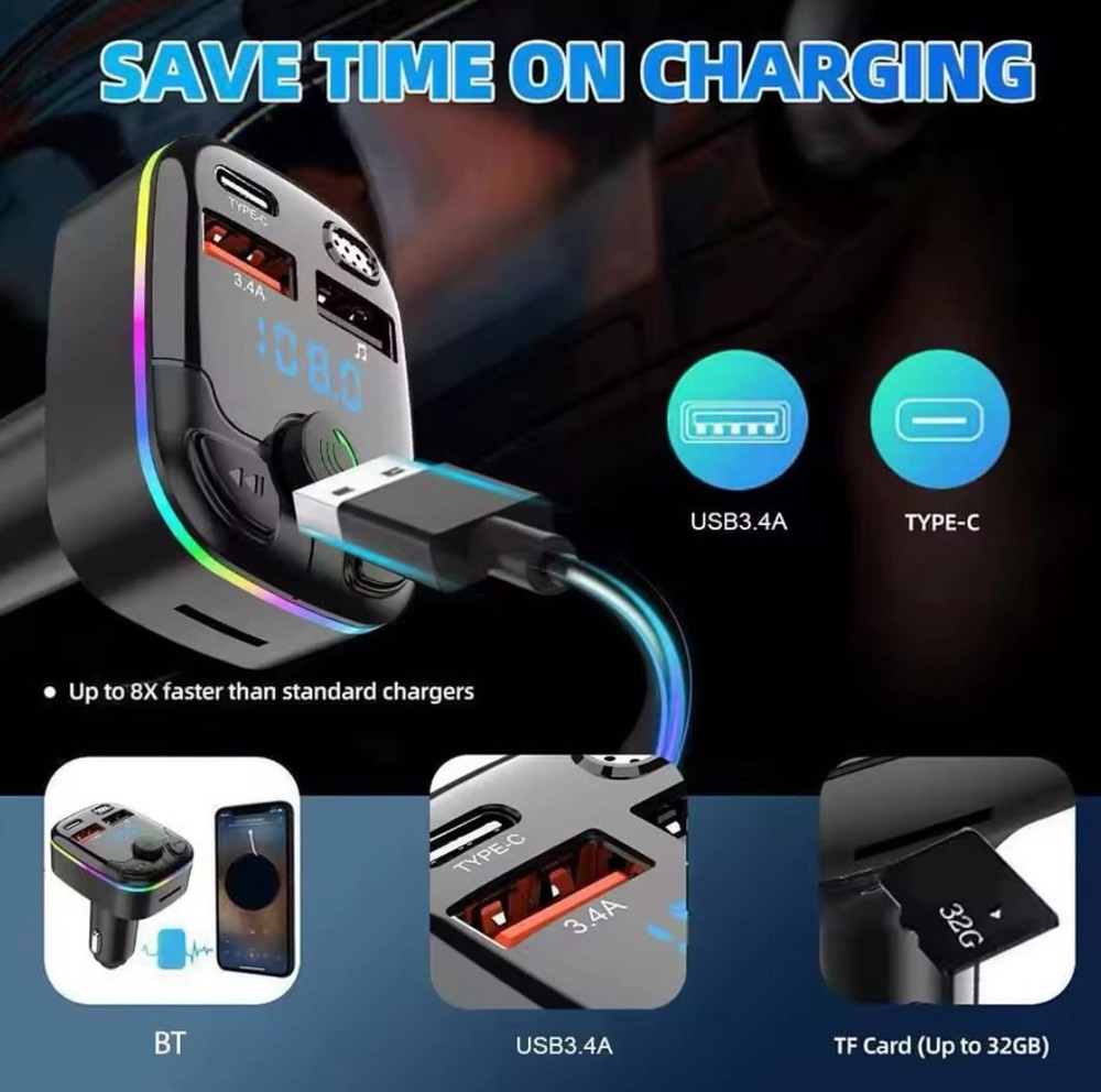 Car Charger FM Transmitter Bluetooth 5.0 PD Type-C Dual USB Ambient Player Hands