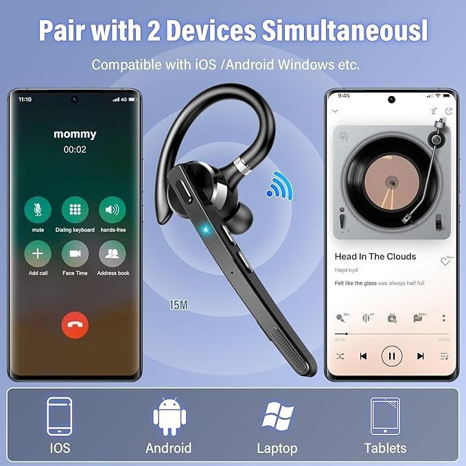 Bluetooth Headset, Wireless Bluetooth 5.3 Earpiece, 90Hrs Hands Free Headset