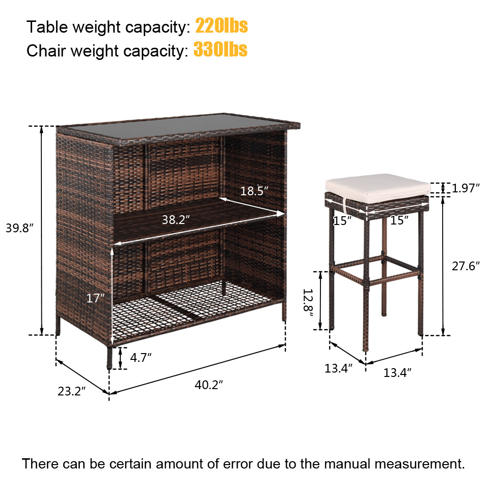 3pc Bar Table Set Pub Dining Set Kitchen Counter W/ 2 Bar Stools & Storage Layer
