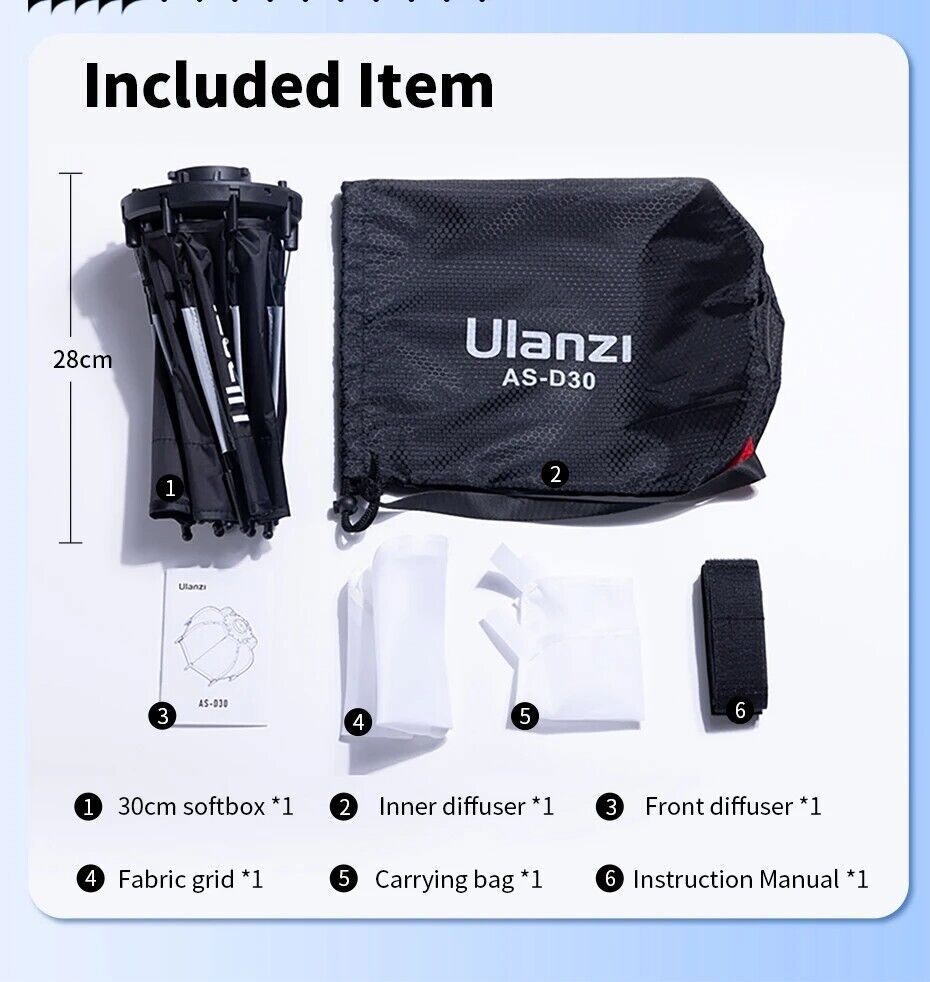 Ulanzi AS-D30 30cm Octagonal Softbox Mini Bowens Mount Light Honeycomb Diffuser