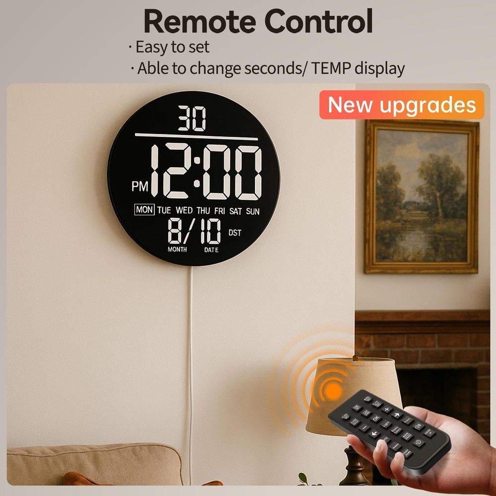 10" Large Digital Wall Clock with Seconds, Alarm Countdown Timer, Big LED Dis...