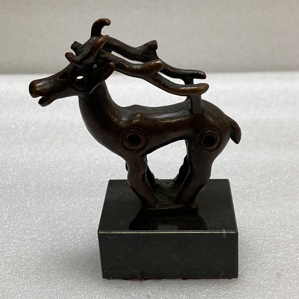 SMALL VINTAGE SIGNED BRONZE ELK or REINDEER STATUE DATED 1978 MARBLE BASED