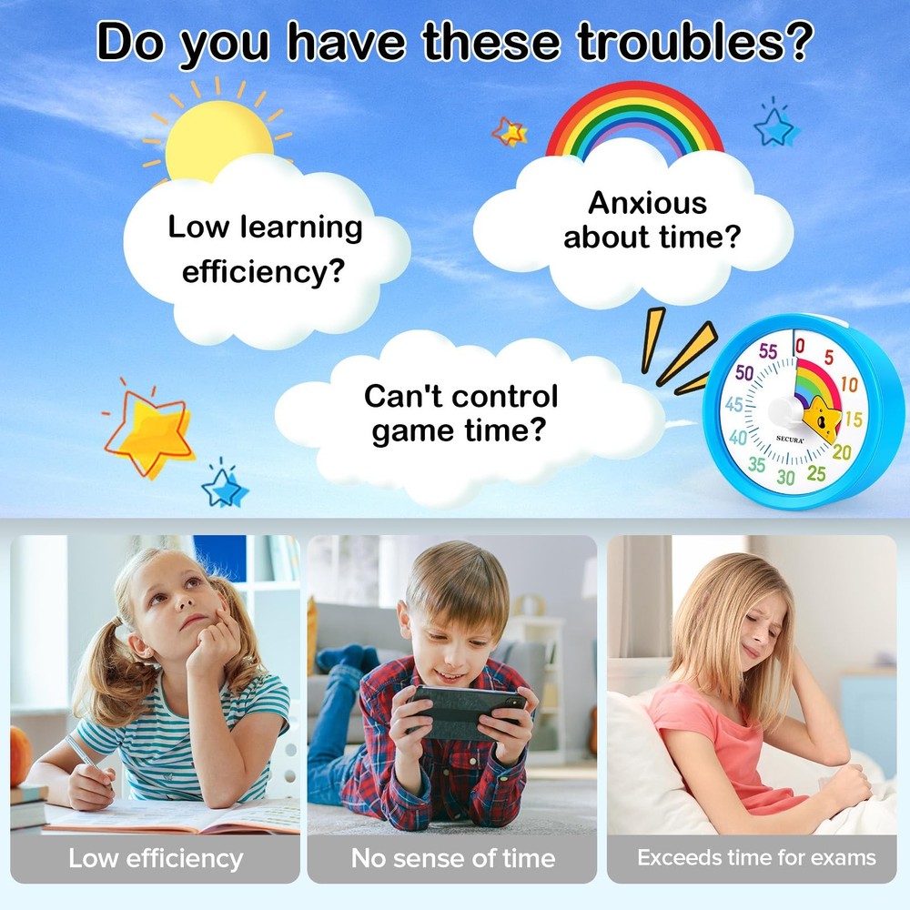 Secura 60Minute Visual Timer, Rainbow Classroom Timers for Kids, Time Clocks,...