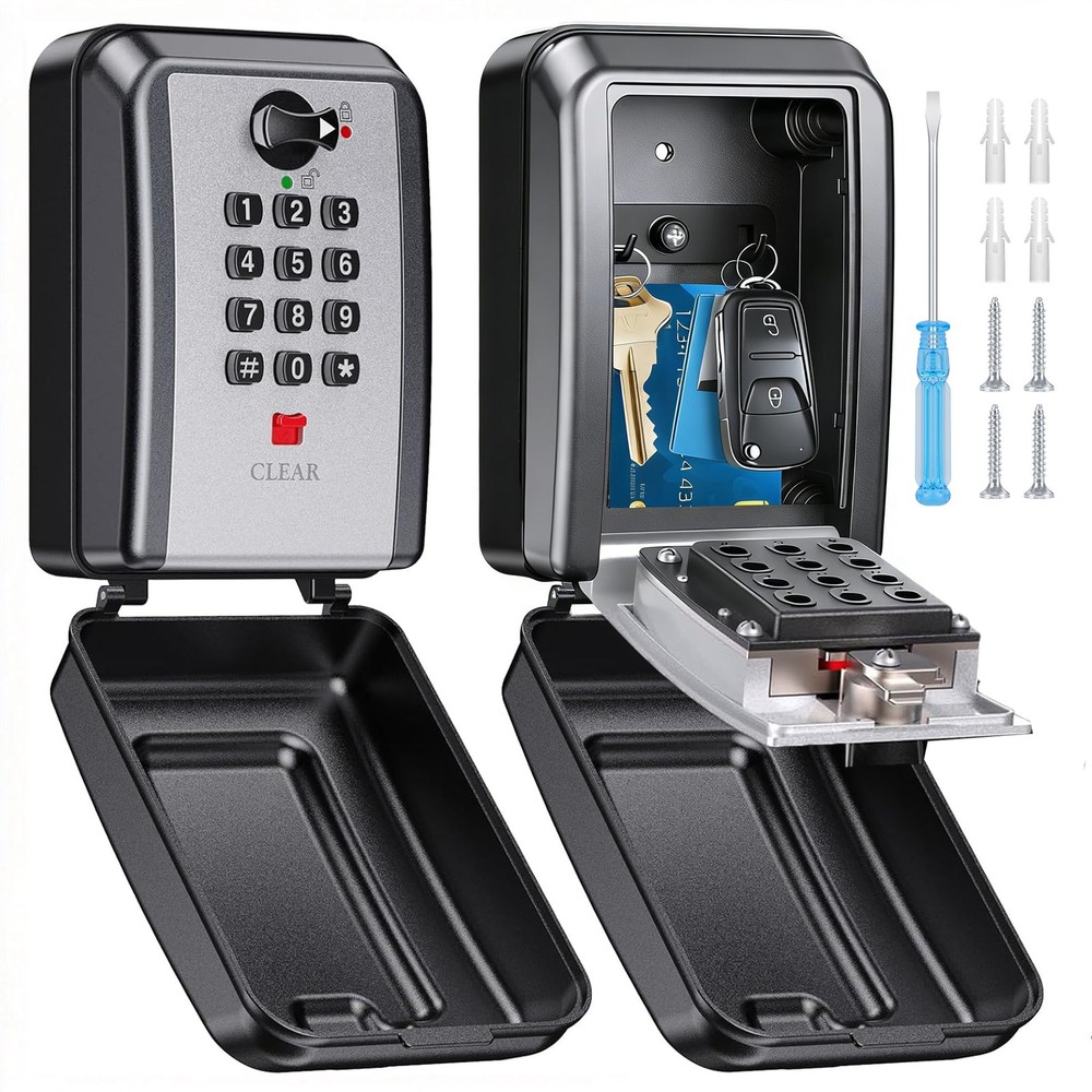 Sturdy Waterproof Key Lock Box for Outside, Large Capacity Wall Mount Lock Bo...