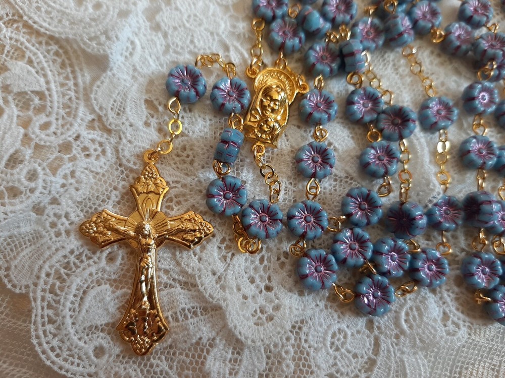La Petit Opaque Blue Czech Crystal Flower Rosary