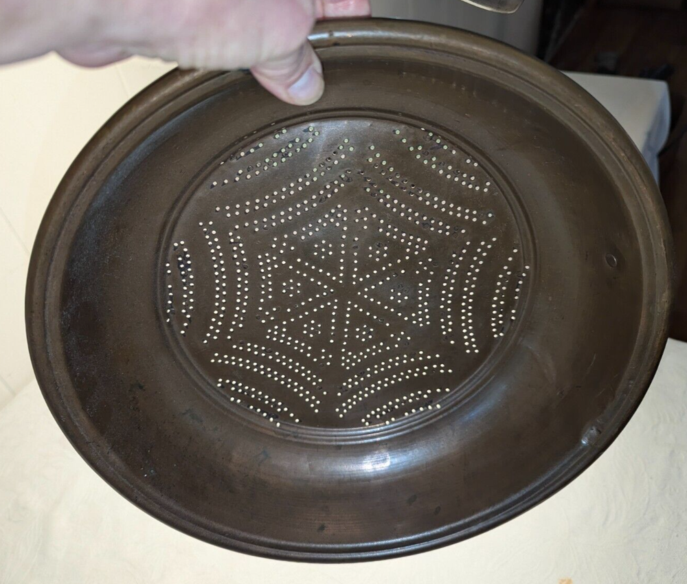 Vtg 12" Copper Plated Spider Web Pattern Colander Strainer Sifter Farm House