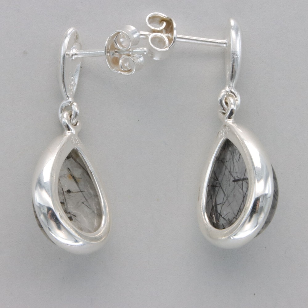 925 Sterling Silver - Teardrop Rutilated Quartz Drop Pear Post Earrings Gemstone