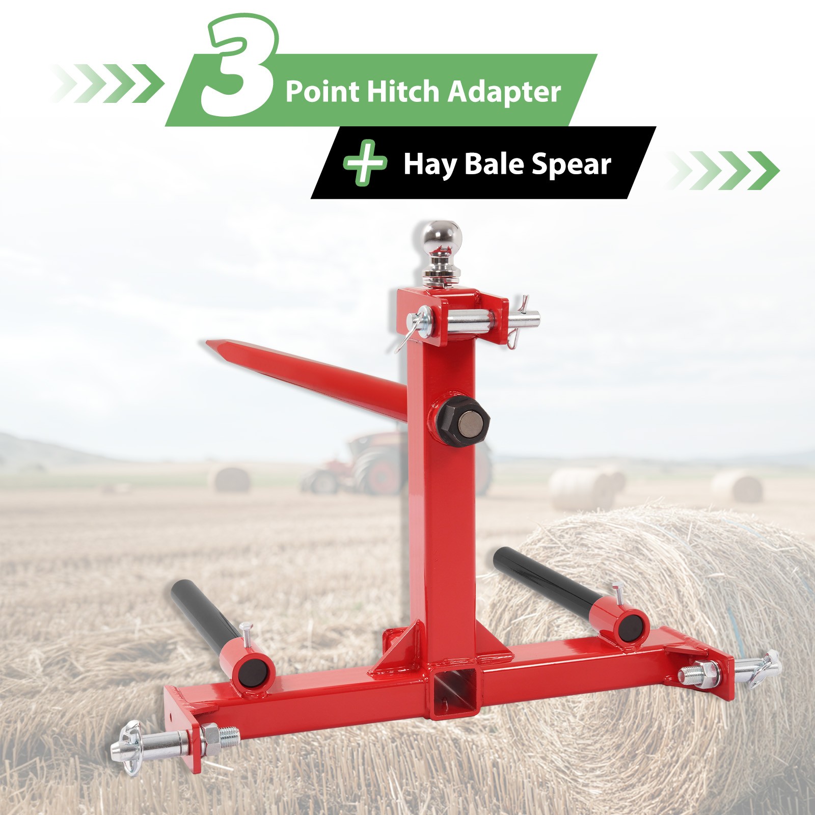3 Point 3000 LB Hay Bale Spear Receiver Hitch Cat 1 Tractor W/Gooseneck Ball