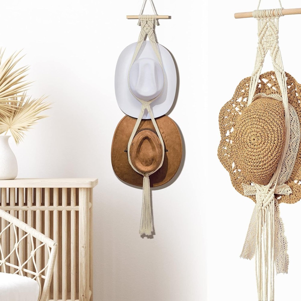 Sturdy White Macrame Hat Hanger – Modern Boho Design for Effortless Hat Storage