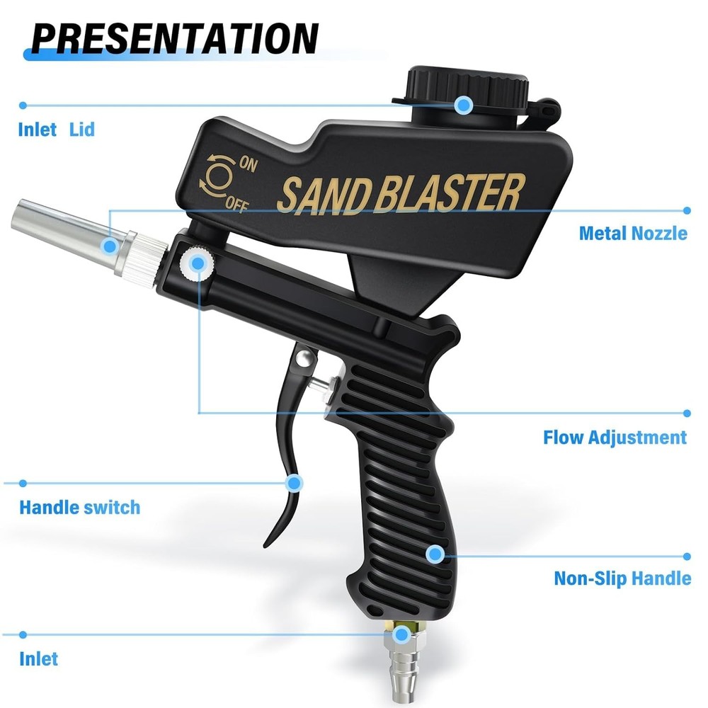Black Portable Air Sand Blaster Gun Kit for Air Compressor Remove Paint, Rust...