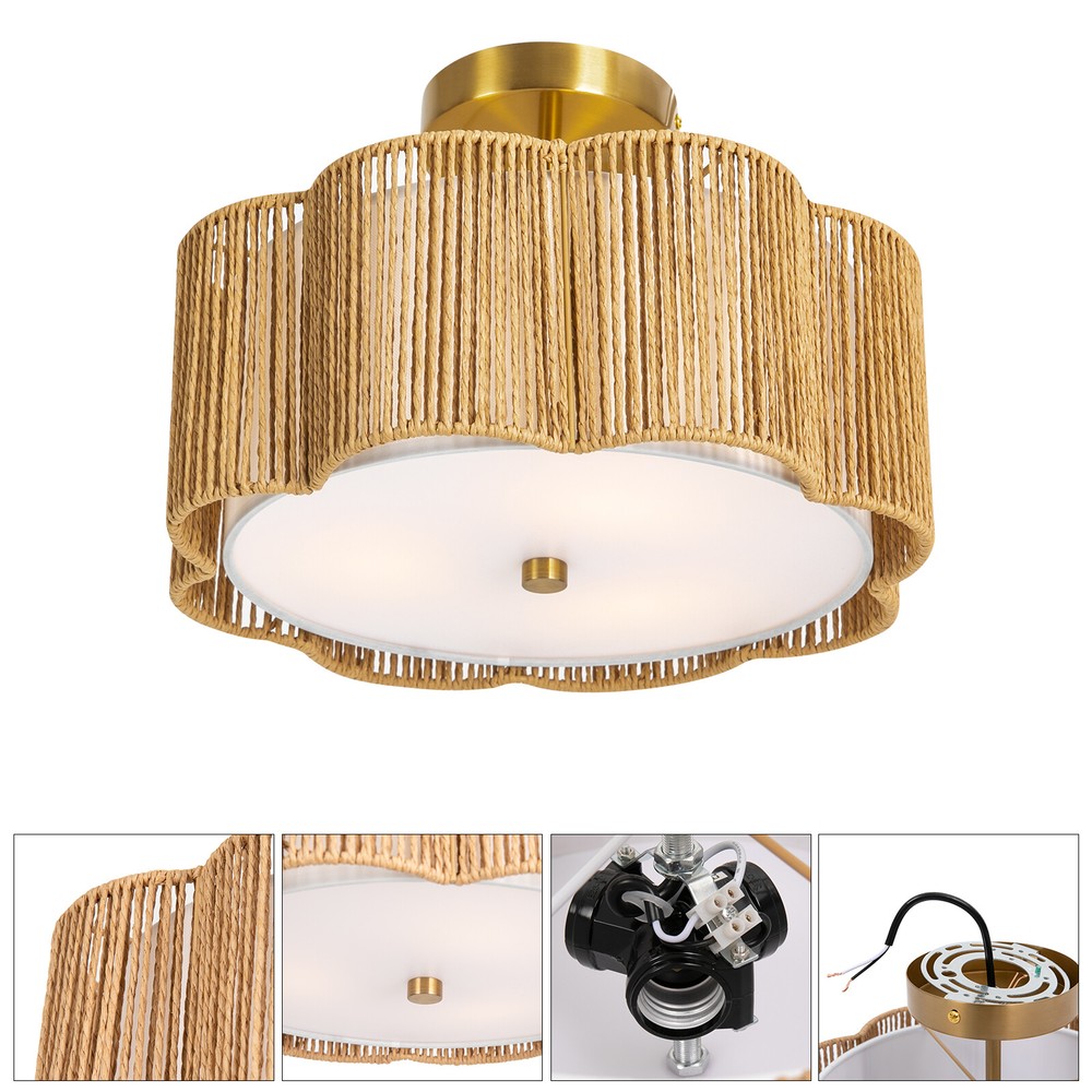 Rustic Ceiling Mount Rattan Light Ceiling Lamp Flush Mount Chandelier Fixture