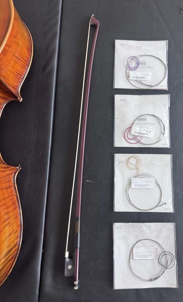 4/4 Full Size Cello, Soft Case, Bow, And New Strings