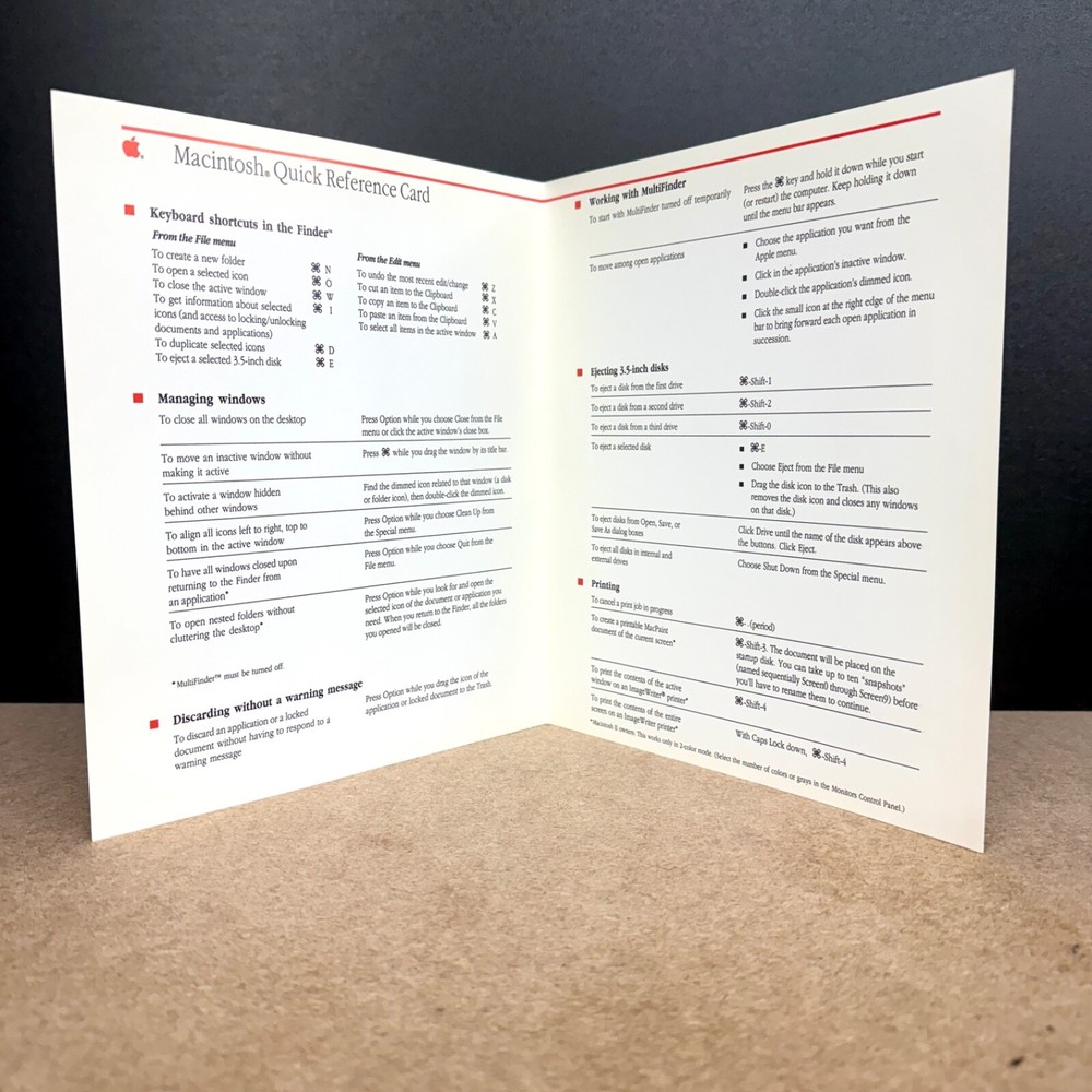 Vintage Apple Macintosh Quick Reference Card 1988