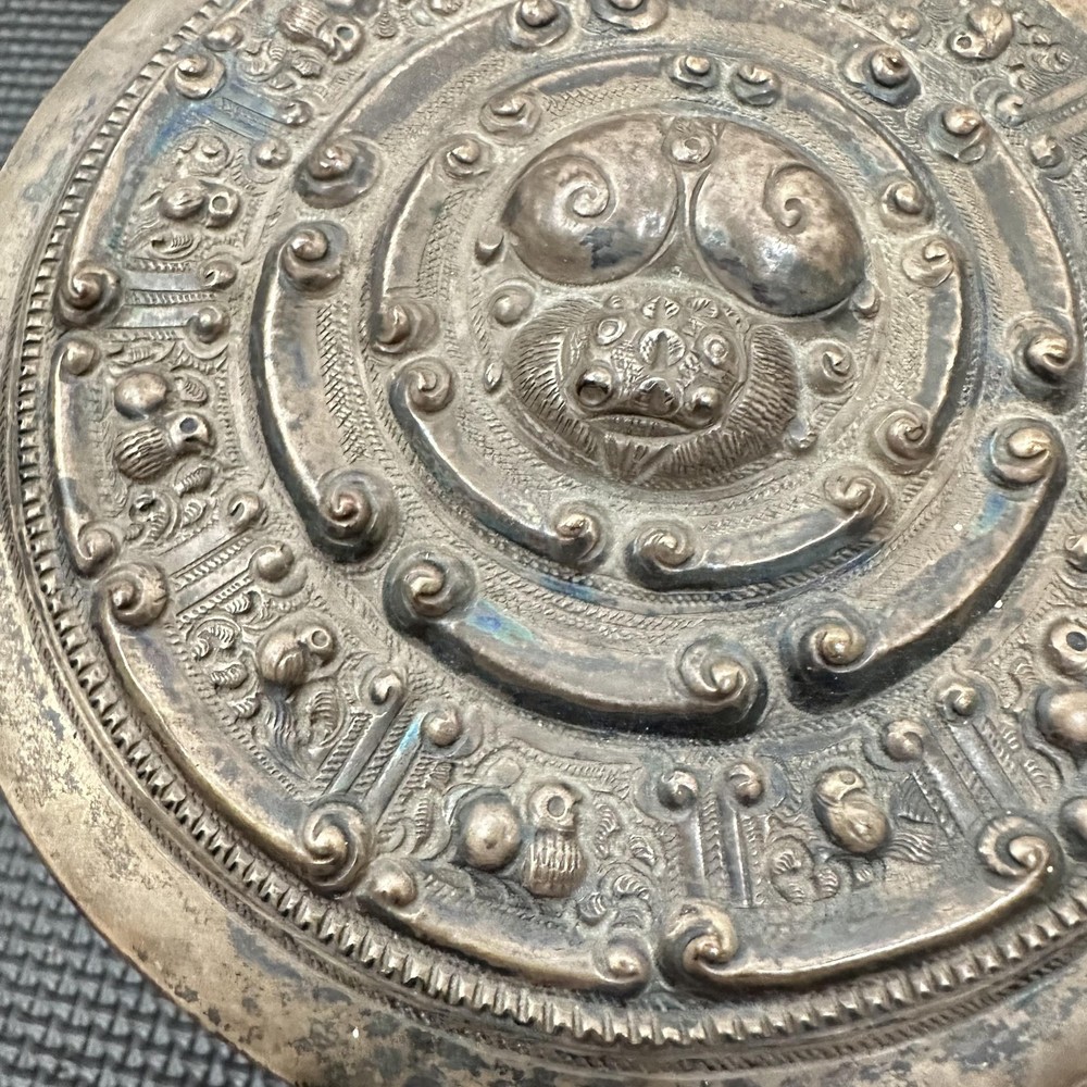 Antique Tin Burmese Betel Ornate Silver Plate Lidded Box Asian Figural 4"