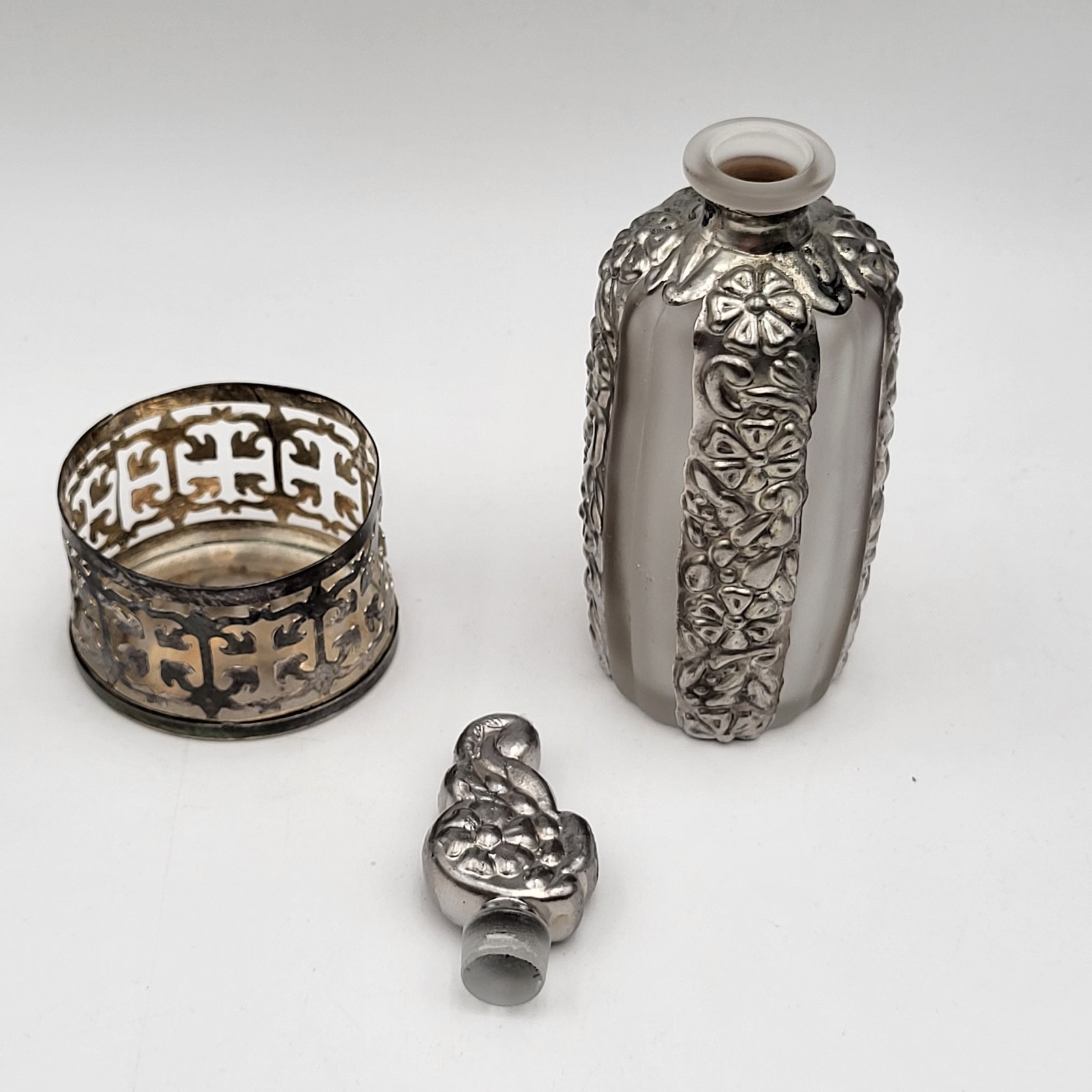 Vintage Glass & Silver Pewter Empty bottle Perfume or Oil