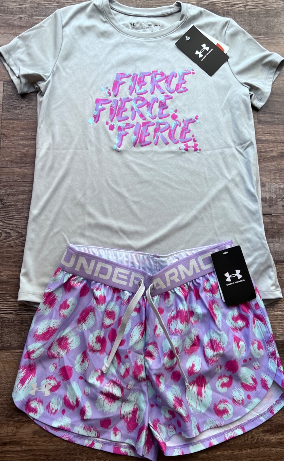 NWT Under Armour YLG Girls Gray/Lavender/Magenta/Aqua FIERCE Printed Shorts Set